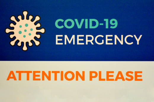 Warning Sign For Emergency. Billboard Says Attention Please, Pandemic Covid-19 Emergency With Virus Symbol